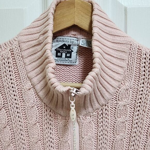 Storybook Knits Sweater Womens 2X Pink Cable Knit Cardigan Full Zip Rhinestones - Picture 3 of 14